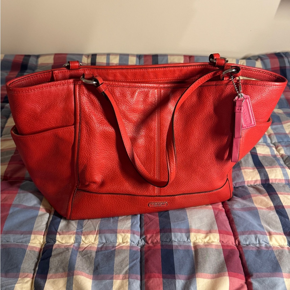 Red Leather Coach Tote with zipper closure